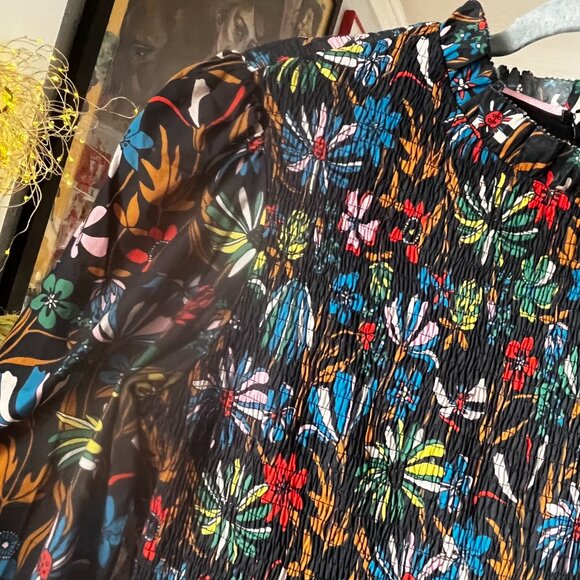 Boden Frill Neck Smocked Dress Black "Wild Dandelion" UK 12 US 8 EUC Knee Length - Picture 10 of 11